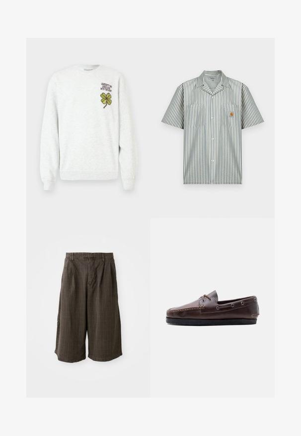 Grå sweatshirt lavet af tekstureret stof med rund halsudskæring, lange ærmer samt et grønt firekløver-grafisk motiv og tekstdesign på brystet.; Kortærmet skjorte med knapper i blå og cremefarvede bomuldsstriber med to brystlommer og et lille logopatch på venstre lomme.; Brune stribede shorts med en løs pasform. Fremstillet af letvægtsstof, med plisseringer og en opsmøget kanten for ekstra detaljer.; Brun lædermoccasin med sort sål, snøredetaljer langs siden og fronten, vist i sideprofil mod en hvid baggrund.