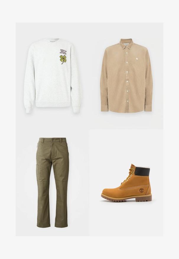 Grijze trui gemaakt van gestructureerde stof, met een ronde hals, lange mouwen, en een groene vierbladige klaver graphic en tekstontwerp op de borst.; Beige corduroy overhemd met knopen, een kraag, witte knopen en een klein logo op de linkerborst. Heeft lange mouwen en een rechte pasvorm.; Khaki cargobroek gemaakt van stevig katoen, met zijzakken, rechte pijpen en een rits met knoopsluiting.; Bruine leren enkellaars met metalen oogjes, witte faux bont voering, zwarte gewatteerde kraag, robuuste zool en een reliëflogo aan de zijkant.