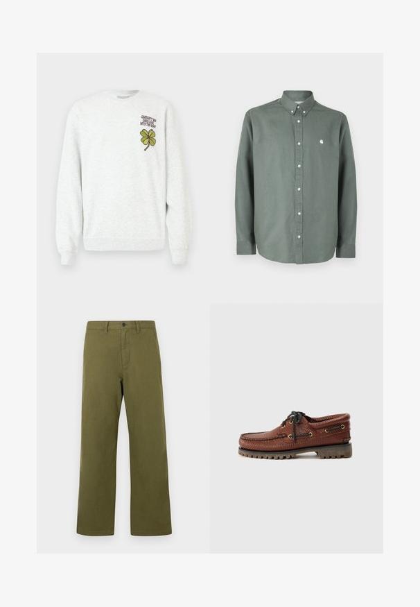 Sweat-shirt gris en tissu texturé, doté d'un col rond, de manches longues, avec un motif graphique de trèfle à quatre feuilles vert et un texte sur la poitrine.; Chemise verte à manches longues en coton, dotée d'un col boutonné, d'une patte de boutonnage à l'avant et d'un petit logo blanc sur la poitrine.; Pantalon vert olive en coton, doté d'une coupe droite, d'une fermeture à bouton sur le devant et de passants pour ceinture. Style minimaliste sans motifs.; Bateau en cuir marron avec une tige texturée, fermeture lacée noire et œillets dorés. Dispose d'une semelle en caoutchouc durcie et striée.