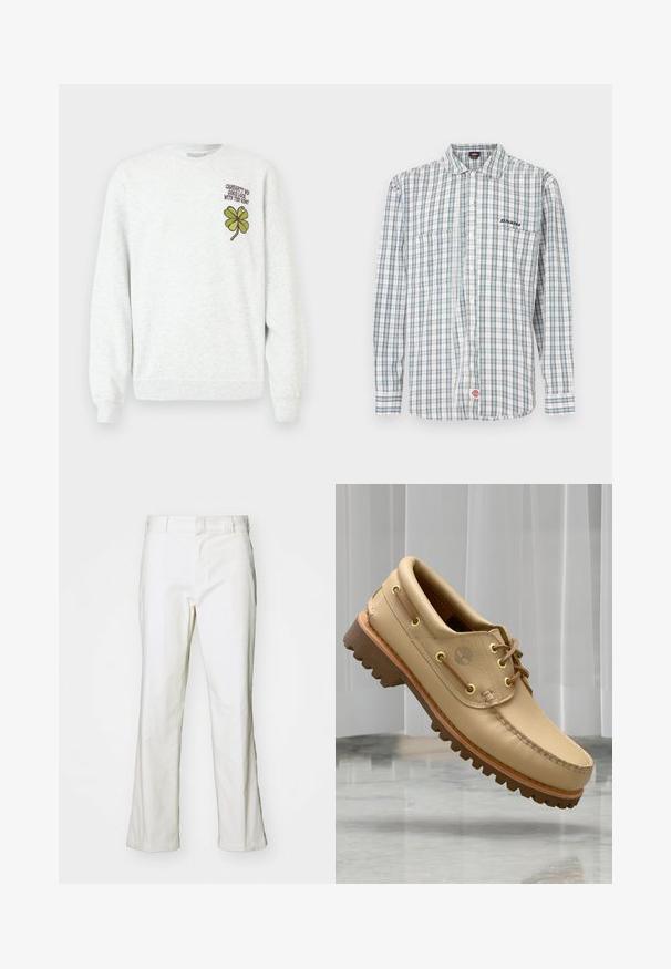 Sweat-shirt gris en tissu texturé, doté d'un col rond, de manches longues, avec un motif graphique de trèfle à quatre feuilles vert et un texte sur la poitrine.; Chemise à carreaux boutonnée en blanc, vert et bleu. Elle comporte des manches longues, un col, deux poches avant et une broderie de logo sur la poitrine.; Pantalons en coton blanc avec une coupe droite, dotés d'une taille et de poches standard. Le tissu semble lisse et légèrement texturé.; Chaussure bateau en cuir marron clair avec semelle épaisse et striée et détails de lacets, flottant au-dessus d'un sol en marbre et d'un fond de stores verticaux blancs.
