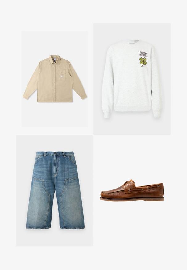 Grå sweatshirt lavet af tekstureret stof med rund halsudskæring, lange ærmer samt et grønt firekløver-grafisk motiv og tekstdesign på brystet.; Beige langærmet skjorte i bomuldsstof med klassisk krave, knaplukning foran, enkelt brystlomme og brandmærke på lommen.; Blå denim shorts ned til knæene med vide ben, forlommer, bæltestropper og knaplukning ved taljen.; Brune læder bådsko med syede detaljer, der har metaløjer, en forhøjet søm på tåen og en flad gummisål.
