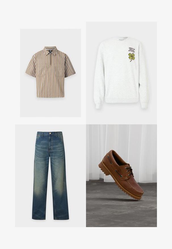 Sweat-shirt gris en tissu texturé, doté d'un col rond, de manches longues, avec un motif graphique de trèfle à quatre feuilles vert et un texte sur la poitrine.; Chemise marron à manches courtes avec des rayures verticales blanches, un col, deux poches avant et une fermeture éclair partielle à l'avant.; Jean en denim bleu avec une taille haute, des jambes larges, des poches avant et des détails subtilement délavés sur les cuisses et les genoux.; Chaussure de bateau en cuir marron avec des lacets noirs, des coutures beiges et une semelle robuste, suspendue au-dessus d'un sol en béton gris.