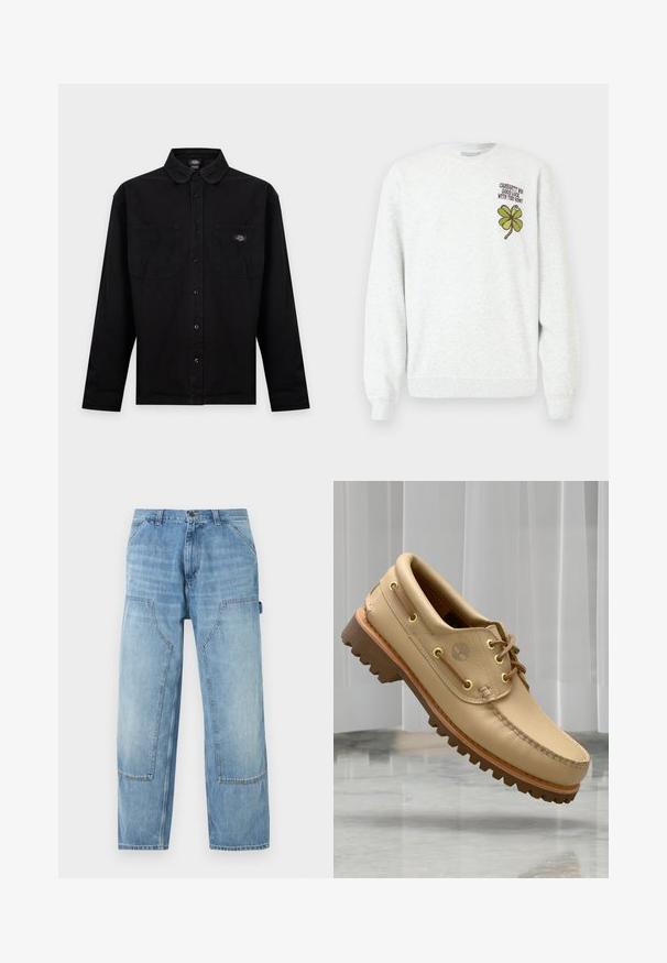 Sweat-shirt gris en tissu texturé, doté d'un col rond, de manches longues, avec un motif graphique de trèfle à quatre feuilles vert et un texte sur la poitrine.; Chemise noire à manches longues boutonnée avec deux poches poitrine, dont l’une arbore un écusson coloré du logo de la marque.; Pantalon de charpentier en denim bleu clair avec de grandes poches plaquées à l'avant et une boucle porte-marteau sur le côté droit, coupe droite.; Chaussure bateau en cuir marron clair avec semelle épaisse et striée et détails de lacets, flottant au-dessus d'un sol en marbre et d'un fond de stores verticaux blancs.