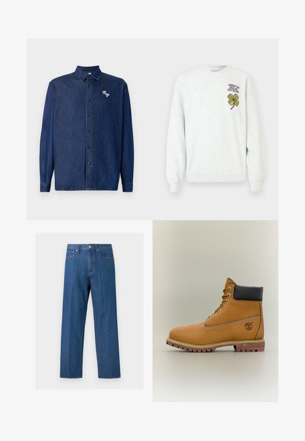 Sudadera gris de tela texturizada, con cuello redondo, mangas largas, y un diseño gráfico de trébol de cuatro hojas verde acompañado de texto en el pecho.; Camisa de denim azul oscuro con cierre de botones en la parte delantera, mangas largas y cuello puntiagudo. Presenta un logo "RP" bordado en blanco.; Jeans de mezclilla azul de pierna recta con cinco bolsillos, trabillas para cinturón y cierre frontal con botón y cremallera.; Bota de tobillo de cuero marrón con cuello negro, cordones amarillos y suela beige. Presenta un logotipo y detalles de costura blanca. Suela exterior con tracción robusta.