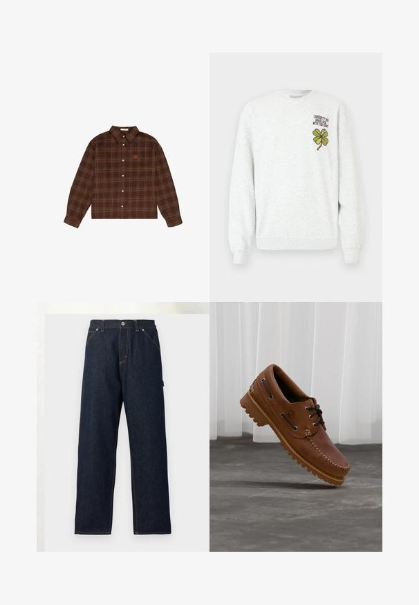 Sweat-shirt gris en tissu texturé, doté d'un col rond, de manches longues, avec un motif graphique de trèfle à quatre feuilles vert et un texte sur la poitrine.; Chemise à carreaux marron et vert avec des manches longues et un petit logo brodé orange sur la poitrine gauche.; Jean en denim bleu foncé à jambes droites avec poches avant, passants pour ceinture et fermeture par bouton à la taille sur un fond uni.; Chaussure de bateau en cuir marron avec des lacets noirs, des coutures beiges et une semelle robuste, suspendue au-dessus d'un sol en béton gris.