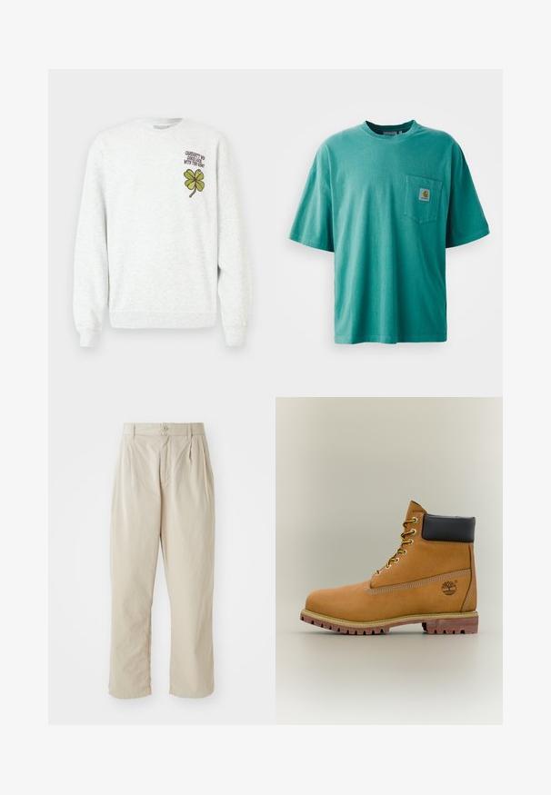 Grå sweatshirt lavet af tekstureret stof med rund halsudskæring, lange ærmer samt et grønt firekløver-grafisk motiv og tekstdesign på brystet.; Grøn bomulds t-shirt med rund hals, korte ærmer og en frontlomme med et logopatch. Blød tekstur og afslappet pasform.; Beige, lette bukser med en afslappet pasform, indsyede folder foran, knaplukning og opbrettede kanter. Glat tekstur, minimalistisk design.; Brun læderankelstøvle med sort krave, gule snørebånd og tanfarvet sål. Har logo og hvide syninger som detalje. Robust ydersål med greb.