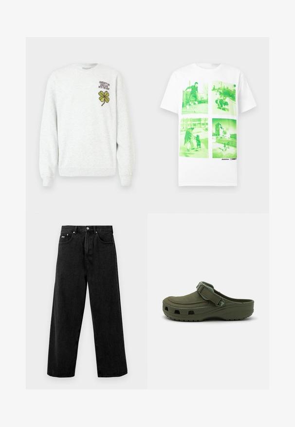 Grå sweatshirt lavet af tekstureret stof med rund halsudskæring, lange ærmer samt et grønt firekløver-grafisk motiv og tekstdesign på brystet.; Hvid T-shirt med fire grønligt tonede fotos, der viser personer, der skater og går udendørs i bymiljøer.; Sort bredde bukser lavet af denim, med knaplukning og frontlommer. Diskret varemærkeblik på taljebåndet. Mat tekstur.; Grøn gummi klipklap med justerbar rem og ventilationshuller. Glat tekstur, rundt tåparti og hævet sål for komfort.