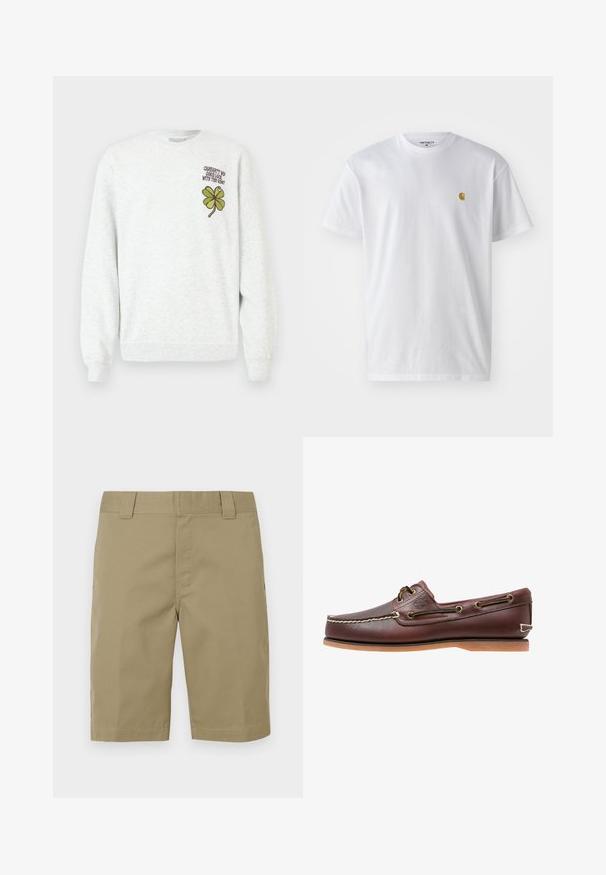 Grå sweatshirt lavet af tekstureret stof med rund halsudskæring, lange ærmer samt et grønt firekløver-grafisk motiv og tekstdesign på brystet.; Hvid bomulds t-shirt med korte ærmer, rund hals og et lille guld logo på venstre brystområde. Blød tekstur og almindelig pasform.; Kaki bomuldsshorts med flad front, bæltestropper og to sidelommer. Stoffet er glat med en mat finish og uden synlige mønstre.; Brun læder bådsko med hvide sømme, snøre detaljer og lysbrun gummisål, vist fra siden på hvid baggrund.