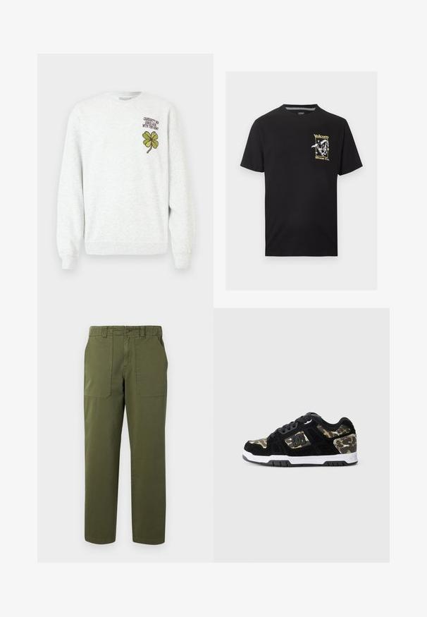 Grå sweatshirt lavet af tekstureret stof med rund halsudskæring, lange ærmer samt et grønt firekløver-grafisk motiv og tekstdesign på brystet.; Sort t-shirt med korte ærmer med et lille gult og hvidt motiv af en løbende hest og teksten "Volcom Stone Co." på venstre bryst.; Grønne bukser med lige ben, forlommer, bæltestropper, knaplukning og sidelommer på ensfarvet baggrund.; Sort ruskinds sneaker med camomønster på siden, hvid mellemsål og sort gummisål. Har snørebånd og logo-detalje på siden.
