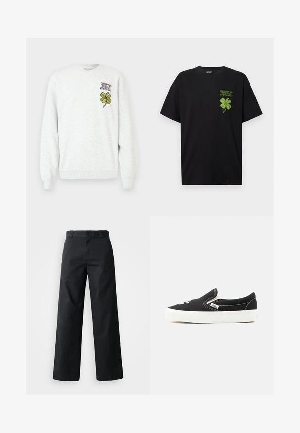 Sudadera gris de tela texturizada, con cuello redondo, mangas largas, y un diseño gráfico de trébol de cuatro hojas verde acompañado de texto en el pecho.; Camiseta de algodón negra con un gráfico de un trébol de cuatro hojas verde y el texto "BUENA SUERTE CON LO QUE VIENE" en el área del pecho izquierdo.; Pantalones de pierna ancha negros hechos de algodón. Cuenta con cierre de botón, lazos para cinturón y bolsillos laterales. Textura suave con un corte ajustado.; Zapatilla Vans negra sin cordones con suela de goma blanca, costuras blancas y detalles elásticos en los laterales, vista desde el lado exterior.