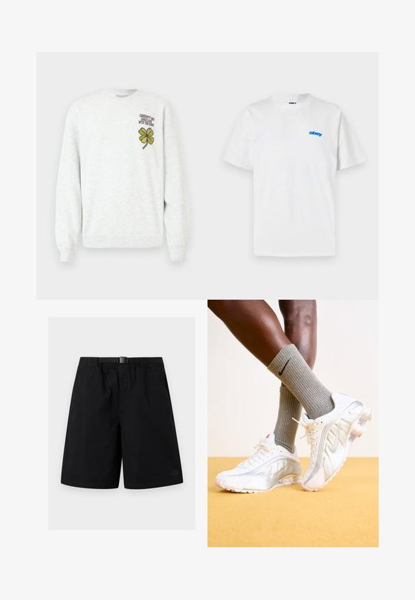 Grå sweatshirt lavet af tekstureret stof med rund halsudskæring, lange ærmer samt et grønt firekløver-grafisk motiv og tekstdesign på brystet.; Hvid T-shirt med korte ærmer og rund hals med lille blåt 'obey' logo på venstre bryst.; Sorte knælange shorts med integreret justerbart bælte og sidelommer, med subtilt The North Face-logo på den nederste venstre ben.; Nike sneakers i hvid med sølv accenter, der har teksturerede paneler og perforeringer. Sammen med grå ribbede sokker, sat mod en gul baggrund.