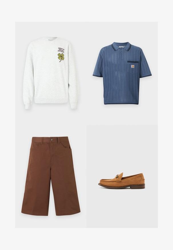 Sweat-shirt gris en tissu texturé, doté d'un col rond, de manches longues, avec un motif graphique de trèfle à quatre feuilles vert et un texte sur la poitrine.; Polo en maille bleu avec rayures verticales ajourées, patte de boutonnage à trois boutons, poche poitrine avec logo Carhartt et bordures noires sur le col et les manches.; Shorts larges marron longueur genou avec poches frontales et fermeture à bouton sur la ceinture, sur fond uni.; Mocassin pour homme en daim marron clair avec détail en métal et couture mocassin, présenté en profil sur un fond blanc uni.