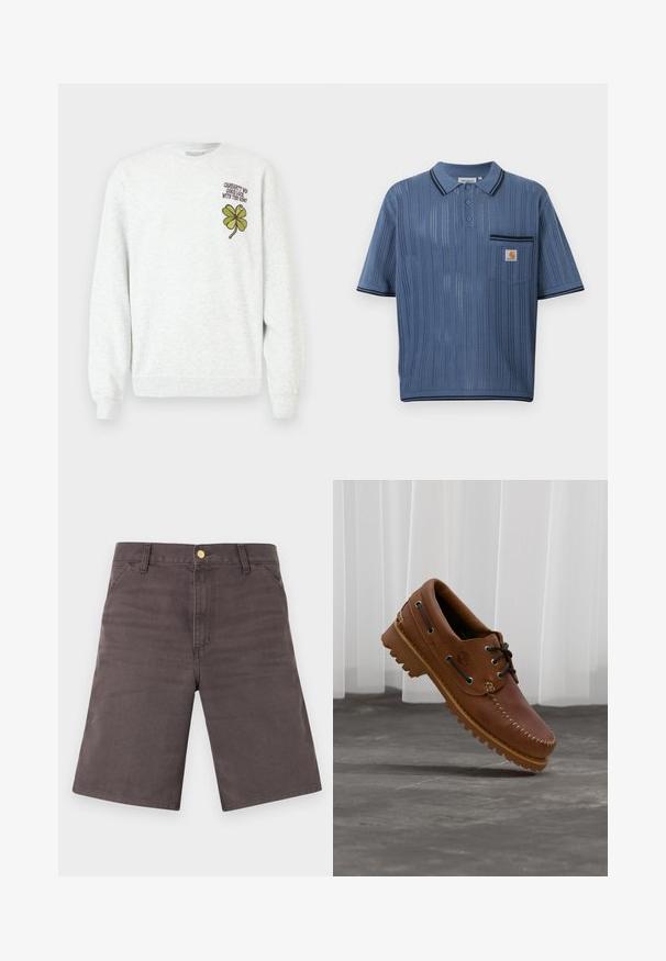 Sweat-shirt gris en tissu texturé, doté d'un col rond, de manches longues, avec un motif graphique de trèfle à quatre feuilles vert et un texte sur la poitrine.; Polo en maille bleu avec rayures verticales ajourées, patte de boutonnage à trois boutons, poche poitrine avec logo Carhartt et bordures noires sur le col et les manches.; Shorts gris foncé longueur genou avec poches avant, passants pour ceinture et fermeture à bouton métallique sur un fond clair.; Chaussure de bateau en cuir marron avec des lacets noirs, des coutures beiges et une semelle robuste, suspendue au-dessus d'un sol en béton gris.