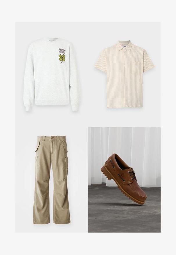 Grå sweatshirt lavet af tekstureret stof med rund halsudskæring, lange ærmer samt et grønt firekløver-grafisk motiv og tekstdesign på brystet.; Beige kortærmet skjorte med knapper, vertikale striber, krave, brystlomme og lille hvid "OBEY"-logo på lommen.; Beige cargo bukser lavet af slidstærkt stof, med en afslappet pasform, flere sidelommer og forstærkede knæ. Flad frontdesign.; Brun læder bådsko med sorte snørebånd, beige syninger og en robust sål, hængende over en grå betongulv.