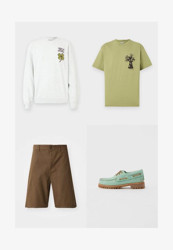 Sweat-shirt gris en tissu texturé, doté d'un col rond, de manches longues, avec un motif graphique de trèfle à quatre feuilles vert et un texte sur la poitrine.; T-shirt vert clair à manches courtes avec un graphisme abstrait noir d'arbre à fleurs sur le côté gauche de la poitrine et un petit texte sous le dessin.; Shorts en coton marron avec une coupe droite, dotés d'une fermeture à bouton sur le devant, de passants de ceinture et de poches latérales. Texture lisse et coutures soignées.; Chaussure bateau en cuir vert clair avec des lacets et œillets marron, équipée d'une semelle en caoutchouc épaisse et texturée et de détails cousus le long des bords.