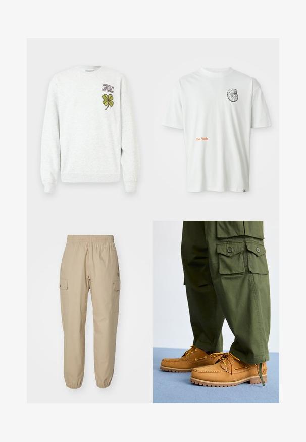 Sudadera gris de tela texturizada, con cuello redondo, mangas largas, y un diseño gráfico de trébol de cuatro hojas verde acompañado de texto en el pecho.; Camiseta blanca de manga corta con un diseño abstracto en blanco y negro de fósil en el lado izquierdo del pecho y texto en naranja "Fósiles de Texas" en el frente.; Pantalones cargo beige con cintura elástica, piernas ajustadas y bolsillos laterales. Tejido suave con una textura ligeramente estructurada.; Timberland AUTHENTIC 3 EYE - Náuticos - wheat