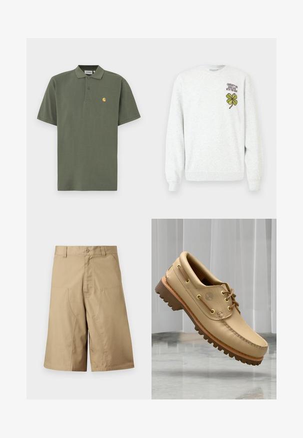 Sweat-shirt gris en tissu texturé, doté d'un col rond, de manches longues, avec un motif graphique de trèfle à quatre feuilles vert et un texte sur la poitrine.; Polo vert olive en coton, avec un col à revers, deux boutons et un petit logo jaune sur le côté gauche de la poitrine. Manches courtes.; Shorts kaki à coupe droite, confectionnés dans un tissu léger, dotés de deux poches avant et d'une fermeture par bouton à la taille.; Chaussure bateau en cuir marron clair avec semelle épaisse et striée et détails de lacets, flottant au-dessus d'un sol en marbre et d'un fond de stores verticaux blancs.
