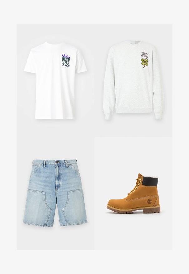 Grå sweatshirt lavet af tekstureret stof med rund halsudskæring, lange ærmer samt et grønt firekløver-grafisk motiv og tekstdesign på brystet.; Hvid bomulds t-shirt med et grafisk print i lilla, der viser en siddende figur med teksten "Obey" og "Stop Worry Now!" i sort.; Lyseblå denimshorts med store forlommer, bæltestropper og lukning med knap og lynlås.; Brune læder ankelstøvle med metaløjer, hvid pelsforing, sort polstret krave, robust sål og præget logo på siden.