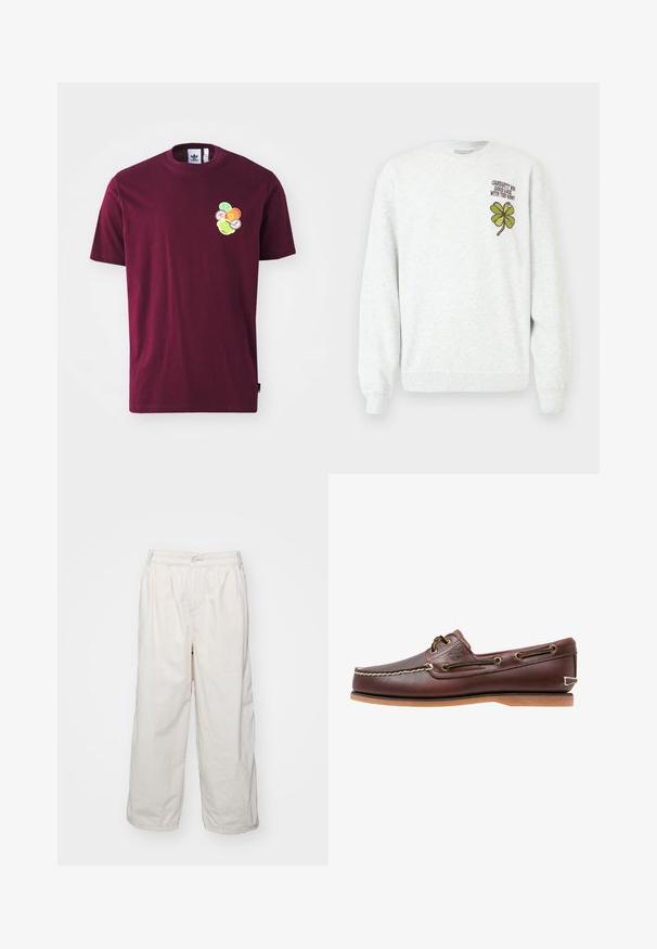 Grijze trui gemaakt van gestructureerde stof, met een ronde hals, lange mouwen, en een groene vierbladige klaver graphic en tekstontwerp op de borst.; Bordeaux katoen T-shirt met korte mouwen en een ronde hals. Voorzien van een geborduurd ontwerp op de linkerkant van de borst, inclusief kleurrijke cirkelvormige patronen.; Witte katoenen wijde broek met een elastische tailleband, voorzien van een knoopsluiting aan de voorkant en zijzakken. Gladde textuur en minimalistisch ontwerp.; Bruine leren bootschoen met witte stiksels, veterdetails en beige rubberen zool, zijaanzicht op een witte achtergrond.
