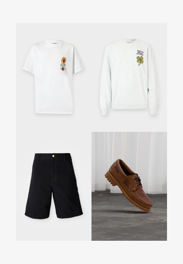 Gray sweatshirt made of textured fabric, featuring a round neck, long sleeves, with green four-leaf clover graphic and text design on chest.; White short-sleeve T-shirt with small colorful graphic patches on left chest, including grapes, text, and a stylized "C" logo.; Black denim shorts with a button closure, featuring a straight cut, side pockets, and reinforced stitching for durability.; Brown leather boat shoe with black laces, beige stitching, and a rugged sole, suspended above a gray concrete floor.
