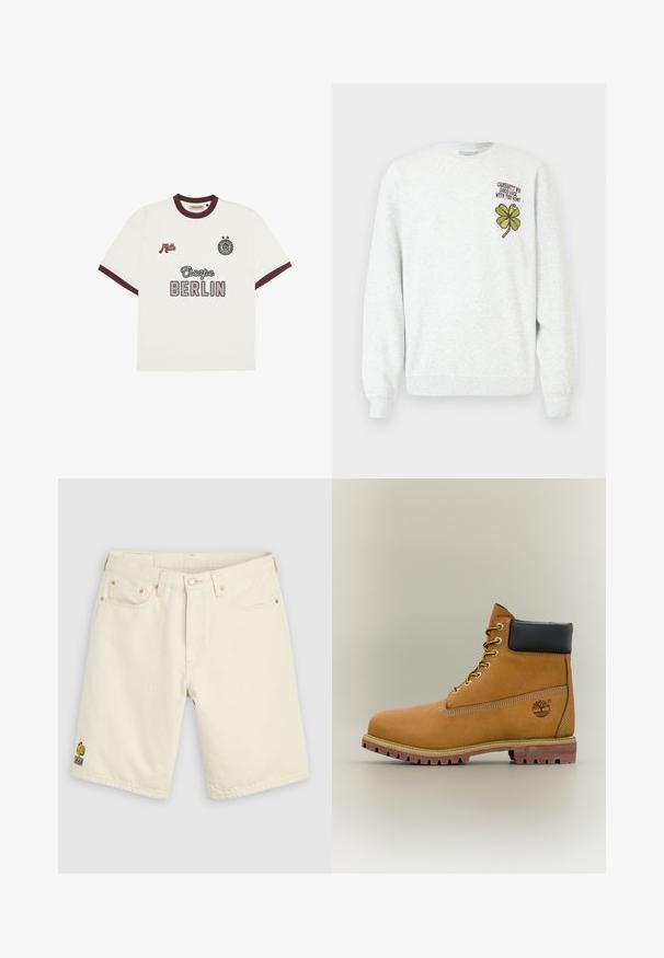 Sweat-shirt gris en tissu texturé, doté d'un col rond, de manches longues, avec un motif graphique de trèfle à quatre feuilles vert et un texte sur la poitrine.; T-shirt blanc à manches courtes avec des bordures bordeaux, avec le texte "Escape BERLIN" au centre devant, "Mitte" sur la poitrine gauche, et un emblème circulaire avec deux étoiles sur la poitrine droite.; Short en denim écru avec bouton à l'avant, passants de ceinture, cinq poches, et un petit logo brodé multicolore sur la jambe gauche.; Bottine en cuir marron avec col noir, lacets jaunes et semelle beige. Présente un logo et des détails de couture blanche. Semelle extérieure à traction robuste.