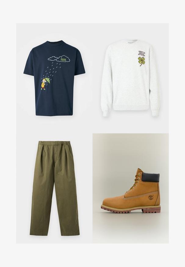 Grijze trui gemaakt van gestructureerde stof, met een ronde hals, lange mouwen, en een groene vierbladige klaver graphic en tekstontwerp op de borst.; Marineblauwe katoenen t-shirt met een gepixeld grafisch ontwerp van een figuur met een paraplu onder wolken en regendruppels, met daarboven tekst in lichtgroen.; Olijfgroene broek met wijde pijpen, een elastische tailleband en plooien aan de voorkant, getoond tegen een lichte achtergrond.; Bruine leren enkellaars met zwarte kraag, gele veters en een zandkleurige zool. Voorzien van een logo en witte stikseldetails. Robuuste loopzool met grip.