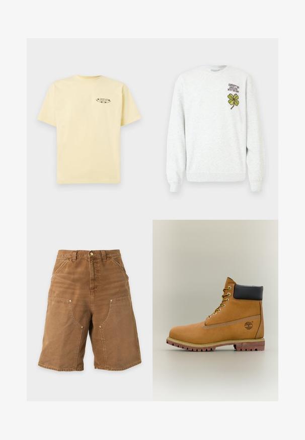 Sudadera gris de tela texturizada, con cuello redondo, mangas largas, y un diseño gráfico de trébol de cuatro hojas verde acompañado de texto en el pecho.; Camiseta de algodón amarilla con mangas cortas y cuello redondo, que presenta un logo gráfico impreso en la parte izquierda del pecho.; Pantalones cortos de trabajo marrones hasta la rodilla con bolsillos frontales, trabillas para cinturón y cierre de botón sobre un fondo liso y claro.; Bota de tobillo de cuero marrón con cuello negro, cordones amarillos y suela beige. Presenta un logotipo y detalles de costura blanca. Suela exterior con tracción robusta.