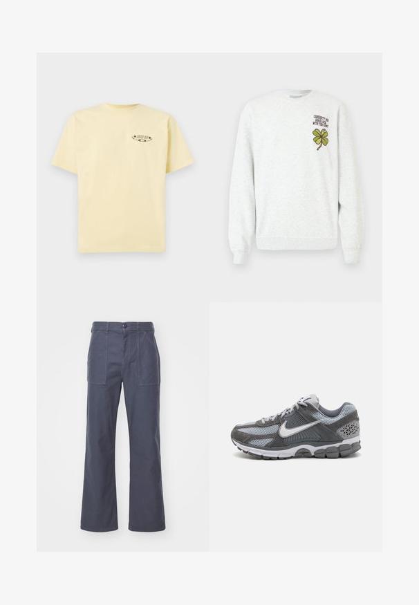 Sudadera gris de tela texturizada, con cuello redondo, mangas largas, y un diseño gráfico de trébol de cuatro hojas verde acompañado de texto en el pecho.; Camiseta de algodón amarilla con mangas cortas y cuello redondo, que presenta un logo gráfico impreso en la parte izquierda del pecho.; Pantalones de pierna ancha en gris oscuro, fabricados en algodón. Con dos bolsillos delanteros y cierre de botón. Textura suave con un diseño casual.; Zapatillas de running Nike en gris y plateado, con texturas de malla y ante, un sistema de cordones destacado y una suela acolchada con acentos geométricos.