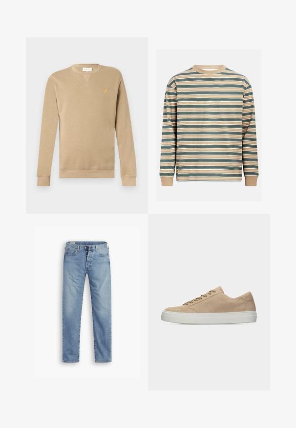Beiges Sweatshirt mit Rundhalsausschnitt und langen Ärmeln, mit kleinem gelbem Vogel-Logo auf der linken Brust sowie gerippten Bündchen und Saum.; Langärmeliges Hemd in Beige mit horizontalen Streifen in Dunkelgrün und Weiß. Rundhalsausschnitt und gerippte Bündchen. Weiches Baumwollmaterial.; Hellblaue Denim-Jeans mit geradem Schnitt. Sie verfügen über einen Knopfverschluss, fünf Taschen und eine leicht verwaschene Textur.; Beiger Wildleder-Sneaker in niedrigem Schnitt mit beigen Schnürsenkeln und dicker weißer Gummisohle, seitlich auf einem schlichten weißen Hintergrund dargestellt.
