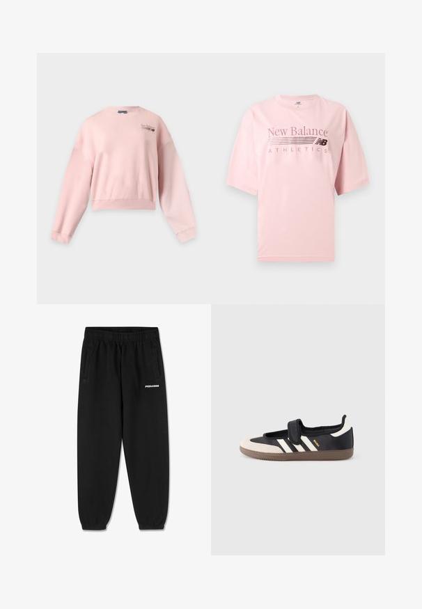 Lyserød langærmet crewneck sweatshirt med New Balance Athletics-logo på øverste venstre bryst.; Lyserød kortærmet New Balance Athletics T-shirt med rund hals og logotekst trykt på brystet.; Sorte sweatpants lavet af blødt stof, med snoretræk i taljen, tætsiddende ben og sidelommer. "PEGADOR" logo i hvid på fronten.; Sort og beige sko med velcrolukning, tre hvide striber på siden og en tekstureret brun gummisål. Mærkelogo er synligt.