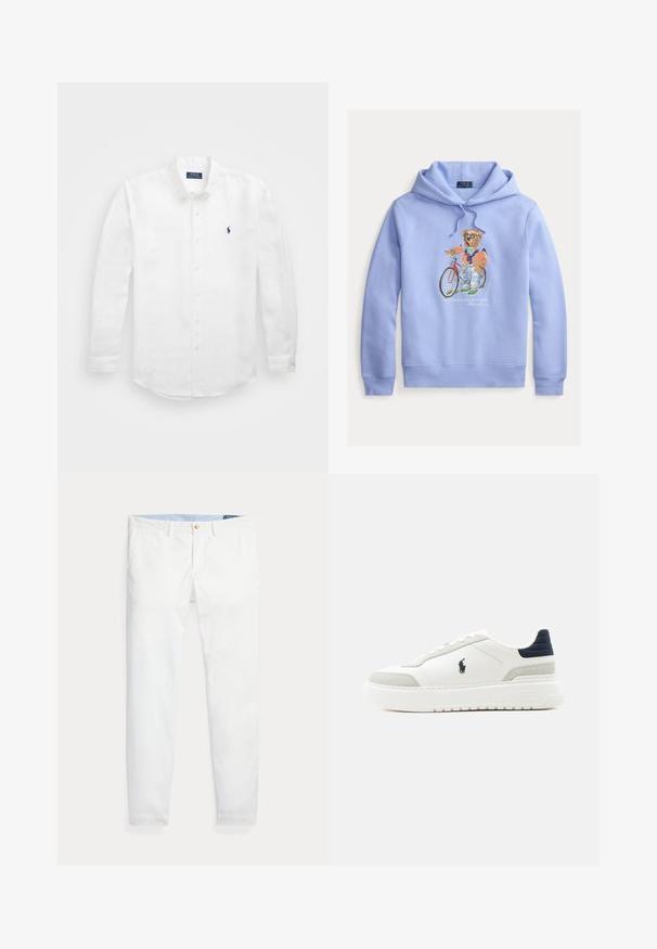 Lichtblauwe hoodie met een afbeelding van een beer op een fiets, gekleed in een kleurrijke outfit. Zachte stof en verstelbare koordsluiting.; Witte lange mouwen shirt van katoen met een button-down kraag, voorzien van een klein marineblauw logo op de linkerborst en klassieke knoopsluiting.; Witte katoenen chino's met een slim fit, voorzien van een enkele gouden knoopsluiting en een lichtblauwe binnenband. Gladde textuur zonder patronen.; Witte lage sneaker met zwarte hielkap, grijze suède accenten, dikke zool en zwart Polo-logo aan de buitenkant.