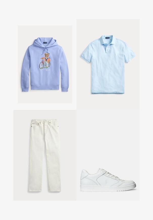 Lichtblauwe hoodie met een afbeelding van een beer op een fiets, gekleed in een kleurrijke outfit. Zachte stof en verstelbare koordsluiting.; Lichtblauw poloshirt met korte mouwen, kraag, twee knopen in de knoopsluiting en een subtiel geborduurd logo op de linkerborst.; Witte denimjeans met een rechte pasvorm, voorzien van vijf zakken, metalen knopen en stiksels langs de naden. Gladde textuur.; Witte leren sneaker met een gladde textuur, voorzien van een geperforeerde neus, vetersluiting en geborduurde logo aan de zijkant. Witte rubberen zool.