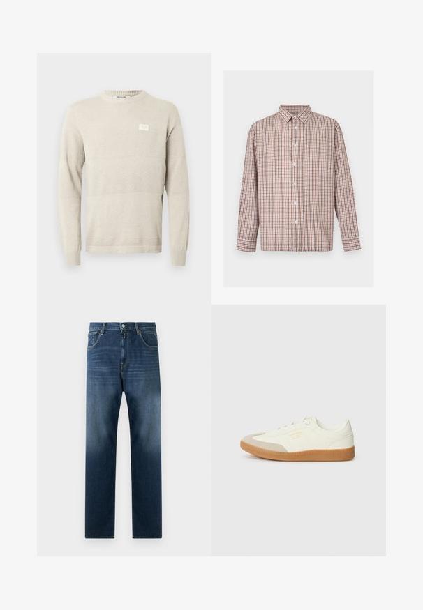 Lysebeige strikket sweater med strukturerede mønstre, lange ærmer og rund hals. Har et lille mærke på brystet.; Langærmet skjorte med knapper med brun, hvid og beige ternet mønster og klassisk krave.; Mørkeblå denim jeans med lige ben-design. Funktioner inkluderer forlommer, en lynlås i fronten og en subtil afblegning mod sømmen.; Sneaker lavet af hvid læder med en beige tåhætte og let brunt gummisål. Har flade hvide snørebånd og prægede branding på siden.