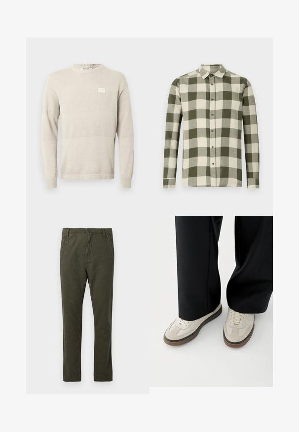 Pull en maille beige clair avec motifs texturés, manches longues et col rond. Comprend une petite étiquette sur la poitrine.; Chemise à manches longues avec un motif à carreaux vert et crème, fabriquée en tissu léger, dotée d'un col boutonné et de boutons à l'avant.; Pantalons chino droits de couleur vert olive foncé avec fermeture à bouton et zip à l'avant, poches latérales et petites poches avant inclinées.; Pieds portant des baskets beige avec des semelles marron et un pantalon noir à jambes larges sur fond blanc.