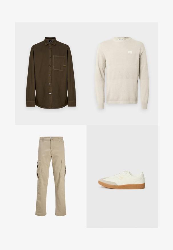 Lysebeige strikket sweater med strukturerede mønstre, lange ærmer og rund hals. Har et lille mærke på brystet.; Langærmet mørkebrun skjorte med knapper, krave, enkelt brystlomme og synlige syninger på hvid baggrund.; Beige cargobukser med knaplukning, bæltestropper og store klapkroge på begge lår, vist fladt på en hvid baggrund.; Sneaker lavet af hvid læder med en beige tåhætte og let brunt gummisål. Har flade hvide snørebånd og prægede branding på siden.