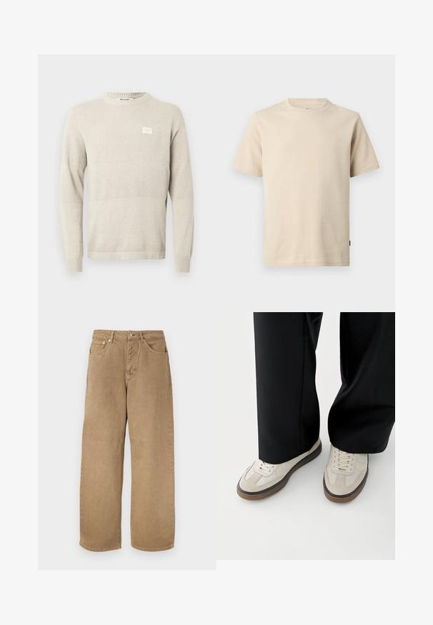 Licht beige gebreide trui met gestructureerde patronen, lange mouwen en een ronde hals. Voorzien van een klein label op de borst.; Beige katoenen T-shirt met korte mouwen en een ronde hals, voorzien van minimale stiksels en een klein tonale logo op de linkerborst.; Beige katoenen broek met rechte pijpen, voorzien van een voorste knoop, ritssluiting, riemlussen en een ontwerp met vijf zakken, afgebeeld tegen een witte achtergrond.; Voeten met beige sneakers met bruine zolen en zwarte wijde broekspijpen op een witte achtergrond.