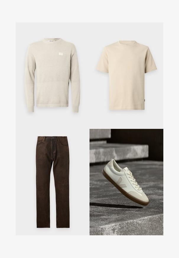 Lysebeige strikket sweater med strukturerede mønstre, lange ærmer og rund hals. Har et lille mærke på brystet.; Beige kortærmet bomulds-T-shirt med rund halsudskæring, minimal syning og en lille tonet logo på venstre bryst.; Brune denim jeans med en let slidtegn, lige ben-design, fem lommer og en knaplukning i taljen.; Hvide læder sneakers med tanfarvet gummisål, flade snørebånd og V-formet detalje på siden. Har en glat overflade og minimale syninger.