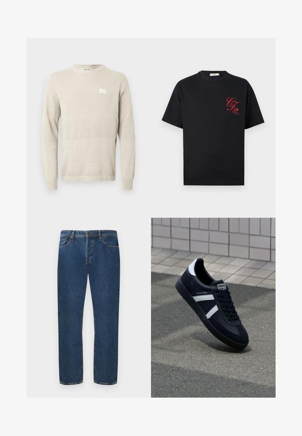 Lysebeige strikket sweater med strukturerede mønstre, lange ærmer og rund hals. Har et lille mærke på brystet.; Sort kortærmet t-shirt med rødt kursiv "CF" og lille vinget kerub-design på øverste venstre bryst.; Mørkeblå denim jeans med lige pasform, der har fem lommer og knaplukning. Stoffet har en synlig struktur og subtil stribing.; Sort lædersneaker med hvide striber, tekstureret gummisål og snørrebånd foran. Har et brandet mærke på tungen.