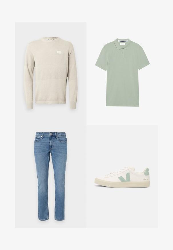 Lysebeige strikket sweater med strukturerede mønstre, lange ærmer og rund hals. Har et lille mærke på brystet.; Lys grøn polo skjorte lavet af struktureret stof, med klassisk krave og knaplukning med tre knapper. Ingen mønstre eller accenter til stede.; Blå lige ben denim jeans med for lommer, bæltesløjfer og knaplukning.; Hvide lærredssneakers med mintgrønne accenter, tekstureret gummisål og snørelukning; logo på hælen og siden.