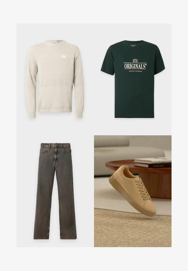 Lysebeige strikket sweater med strukturerede mønstre, lange ærmer og rund hals. Har et lille mærke på brystet.; Mørkegrøn kortærmet T-shirt med "ORIGINALS" og "Designed in Copenhagen" trykt i creme og rød på frontens midte.; Brune vaskede lige ben jeans med forlommer, knaplukning og bæltestropper vist mod en hvid baggrund.; Beige snørestøvler, der svæver over et tekstureret tæppe med et træ sofabord og stablede bøger i en sløret baggrund.