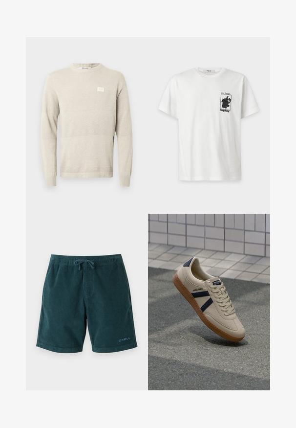 Lysebeige strikket sweater med strukturerede mønstre, lange ærmer og rund hals. Har et lille mærke på brystet.; Hvid t-shirt med korte ærmer med sort grafik og tekst "Live Tonight... replay" på venstre brystområde.; Mørkegrønne kordfløjsbadetights med elastisk talje og snøre. Har logo på den nederste højre ben. Glat tekstur, knælangt design.; Beige sneaker med struktureret overflade, marineblå striber og gummisål. Har en polstret tunge og traditionelt snørresystem for en sikker pasform.