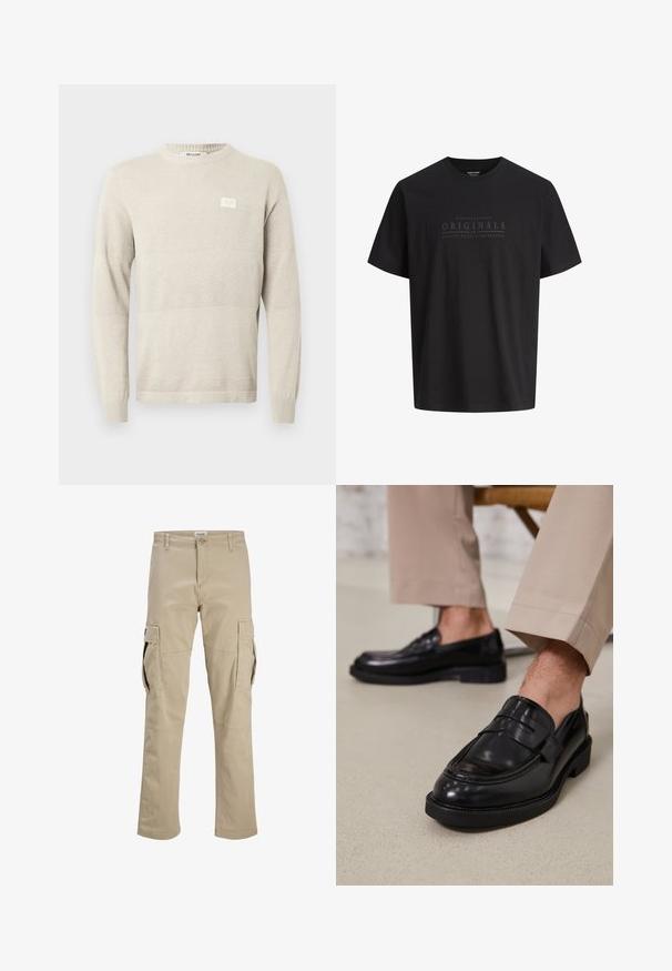 Pull en maille beige clair avec motifs texturés, manches longues et col rond. Comprend une petite étiquette sur la poitrine.; T-shirt noir à manches courtes avec un texte subtil sur la poitrine indiquant "Nineteen Ninety Originals, brought to you by Jack & Jones."; Pantalon cargo beige avec fermeture par boutons, passants pour ceinture et grandes poches à rabat sur les deux cuisses, présenté à plat sur fond blanc.; Mocassins en cuir noir avec une finition lisse, ornés d'une sangle décorative et de coutures contrastées, associés à un pantalon beige.