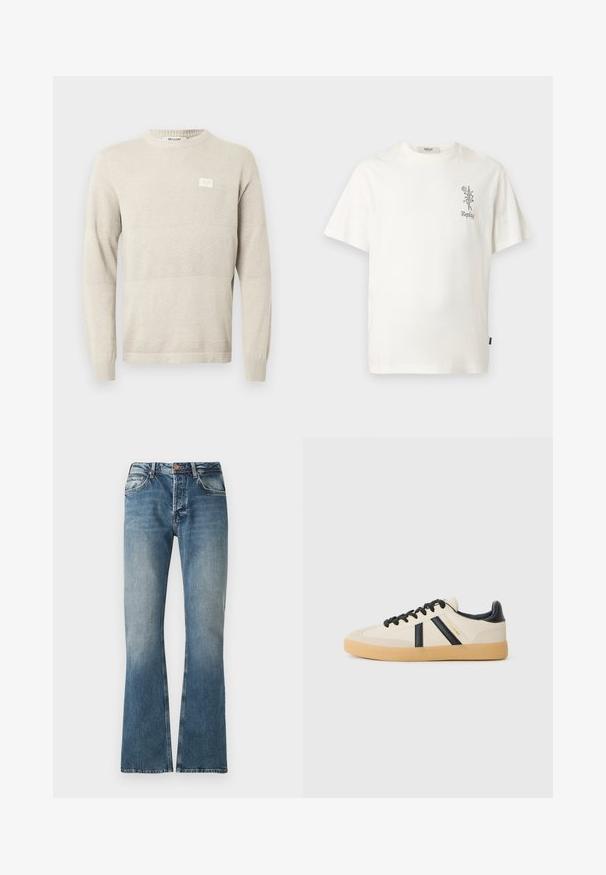 Licht beige gebreide trui met gestructureerde patronen, lange mouwen en een ronde hals. Voorzien van een klein label op de borst.; Wit t-shirt met korte mouwen met klein zwart bloemmotief en tekst "Replay" op de linkerborst, afgebeeld op een effen achtergrond.; Blauwe denim jeans met een vervaagd effect, rechte pijpuitvoering, knoop- en ritssluiting, en vijf-pocket ontwerp.; Casual sneakers in crème met zwarte strepen, voorzien van een gestructureerde bovenkant en een gumrubberen zool. Veters zijn zwart. Subtiel logo aan de zijkant.