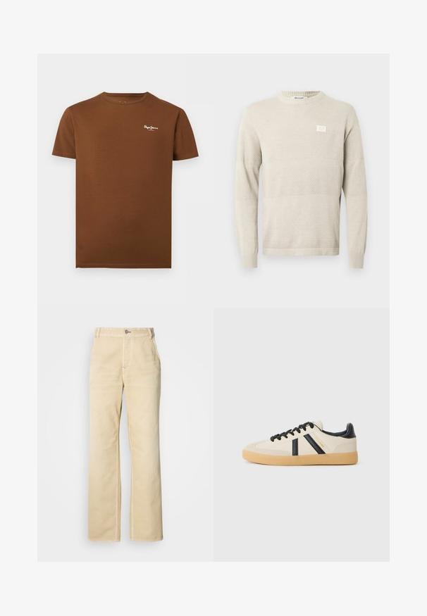 Pull en maille beige clair avec motifs texturés, manches longues et col rond. Comprend une petite étiquette sur la poitrine.; T-shirt marron à manches courtes avec col rond et petit logo blanc "Pepe Jeans London" sur la poitrine gauche.; Pantalon large couleur kaki en coton doux, avec une fermeture par un seul bouton, des poches avant et des coutures apparentes le long des coutures.; Baskets décontractées en crème avec des rayures noires, présentant un dessus texturé et une semelle en caoutchouc. Les lacets sont noirs. Logo discret sur le côté.