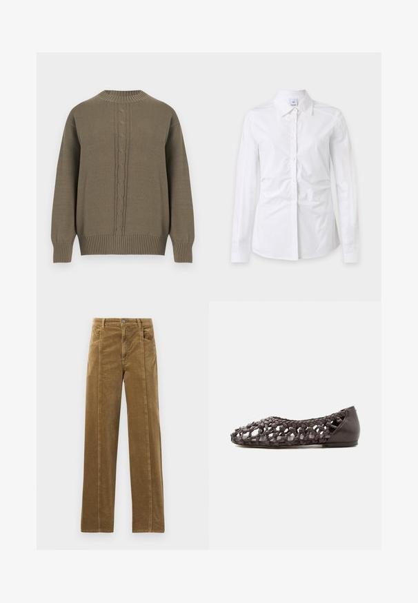 Suéter de punto verde oliva con cuello redondo, puños y dobladillo acanalados, con un patrón central de trenza de punto en la parte delantera.; Camisa blanca de manga larga con botones y cuello, tela ligeramente arrugada y una etiqueta de marca visible dentro del cuello.; Pantalones de pana marrones con un diseño de pierna recta, que presentan bolsillos frontales y costuras visibles a lo largo de las uniones. Tejido texturizado con ribetes estrechos.; Zapato plano marrón oscuro con diseño de rejilla de cuero entrelazado y tacón sólido, mostrado de perfil sobre un fondo blanco.