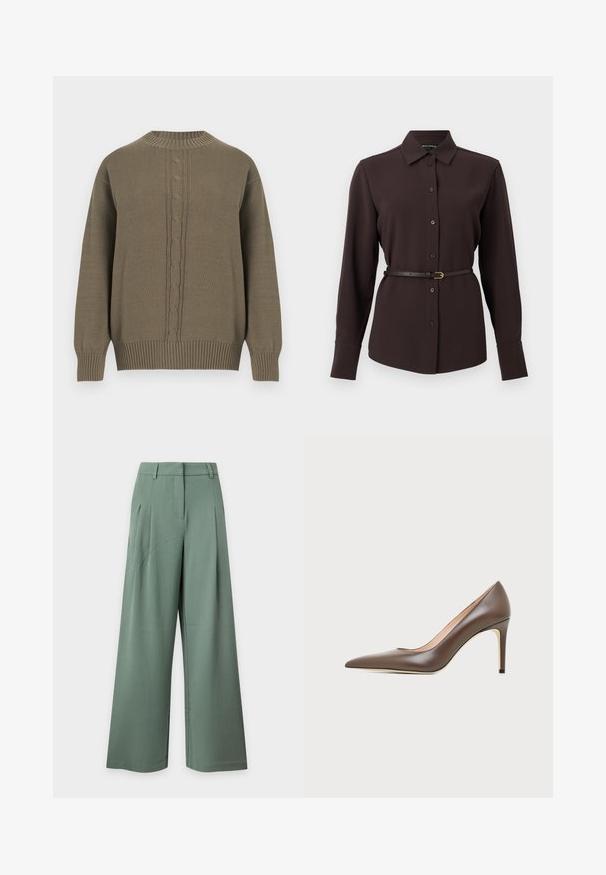Pull en maille vert olive avec col rond, poignets et ourlet côtelés, présentant un motif torsadé central sur le devant.; Blouse marron foncé à manches longues avec boutons, col pointu et ceinture fine à la taille avec petite boucle dorée.; Pantalon taille haute à jambes larges en vert doux avec passants de ceinture, poches latérales et plis devant sur un fond clair.; Chaussure à talon haut en cuir marron à bout pointu avec un talon aiguille fin et une finition lisse sur un fond clair.