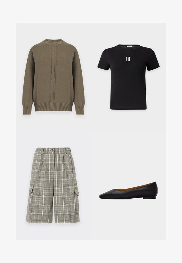 Pull en maille vert olive avec col rond, poignets et ourlet côtelés, présentant un motif torsadé central sur le devant.; T-shirt noir à manches courtes avec logo stylisé blanc "BH" centré sur la poitrine, col rond, fond uni.; Shorts à carreaux dans des tons beige et gris doux, avec une ceinture élastiquée et un bouton, deux poches latérales, et un tissu texturé.; Chaussure plate en cuir noir à bout pointu avec talon bas et finition lisse, vue de côté sur un fond gris clair.