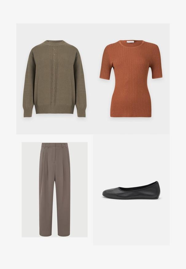 Olivengrøn strikket sweater med rund hals, ribstrikkede ærmekanter og kant forneden, med et centralt kabelstrikket mønster ned foran.; Ribbede strikkede kortærmede top i rustbrun med rund halsudskæring, tætsiddende silhuet og subtil tekstur.; Brune plisserede bukser med høj talje, slankt stof, vidde ben-design og sidelommer, der har en glat og let tekstur.; Sort læderballetsko med rund tå, glat tekstur, minimal syning og et fleksibelt såldesign.