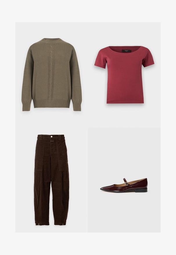 Pull en maille vert olive avec col rond, poignets et ourlet côtelés, présentant un motif torsadé central sur le devant.; Haut pour femmes à manches courtes, de couleur rose foncé, avec un large décolleté en arrondi et une coupe ajustée, posé à plat sur un fond blanc.; Pantalon large en velours côtelé marron foncé, taille haute, poches plaquées à l'avant, fermeture par bouton et poignets réglables à pressions aux chevilles.; Ballerines en cuir verni bordeaux de type Mary Jane avec un bout pointu, un talon plat et une sangle décorative avec une boucle circulaire.