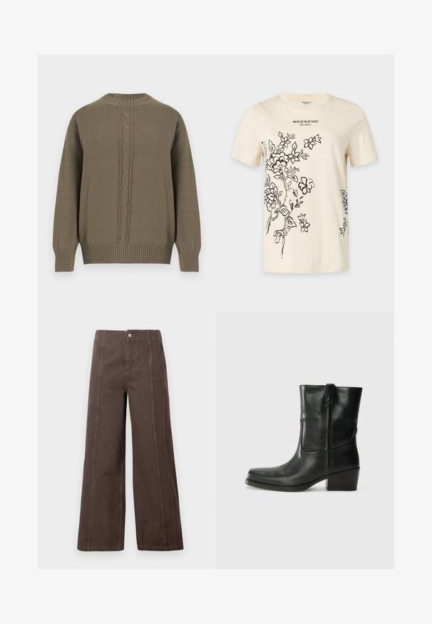 Olivengrøn strikket sweater med rund hals, ribstrikkede ærmekanter og kant forneden, med et centralt kabelstrikket mønster ned foran.; Creme-farvet t-shirt med korte ærmer med sorte blomsterlinie tegninger og "WEEKEND MaxMara" tekst centreret nær halsudskæringen.; Brune viddebukser lavet af glat stof, med sømme foran og en enkelt metalknap lukning i taljen.; Sort læder ankelstøvle med rundt tå, blokhæl, lynlås i siden og stikninger på vampsiden. Glat tekstur, klassisk design.